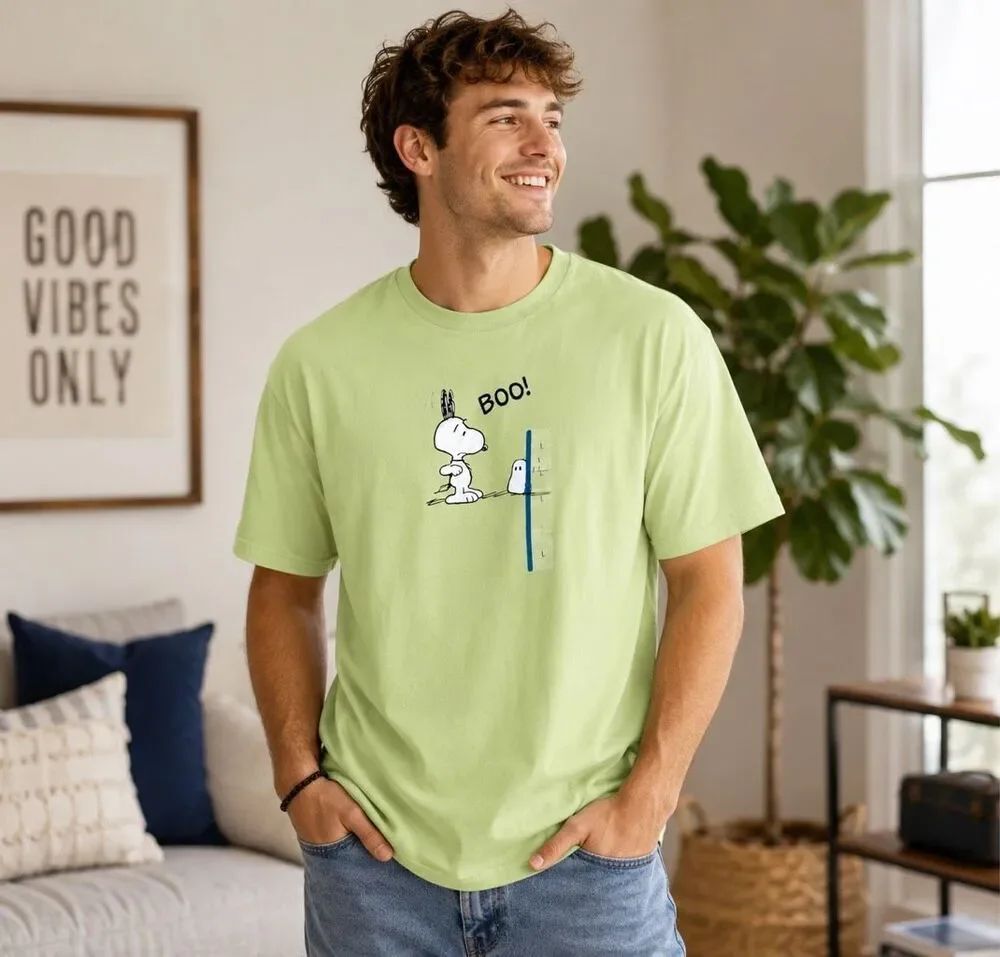 Peanuts Mens Lime Green Short Sleeve Snoopy Boo Graphic Halloween T-Shirt Large